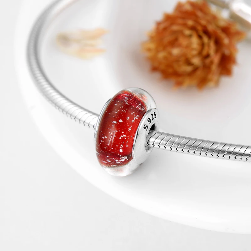 Настоящее серебро 925 пробы сверкающие красные муранские стеклянные бусы амулеты