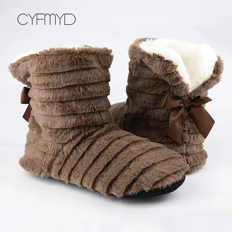 Women's Shoes Fur Slippers for Home 2022 Butterfly-knot Furry House Shoes Bedroom Slippers Girls Warm Soft Indoor Boots Slippers