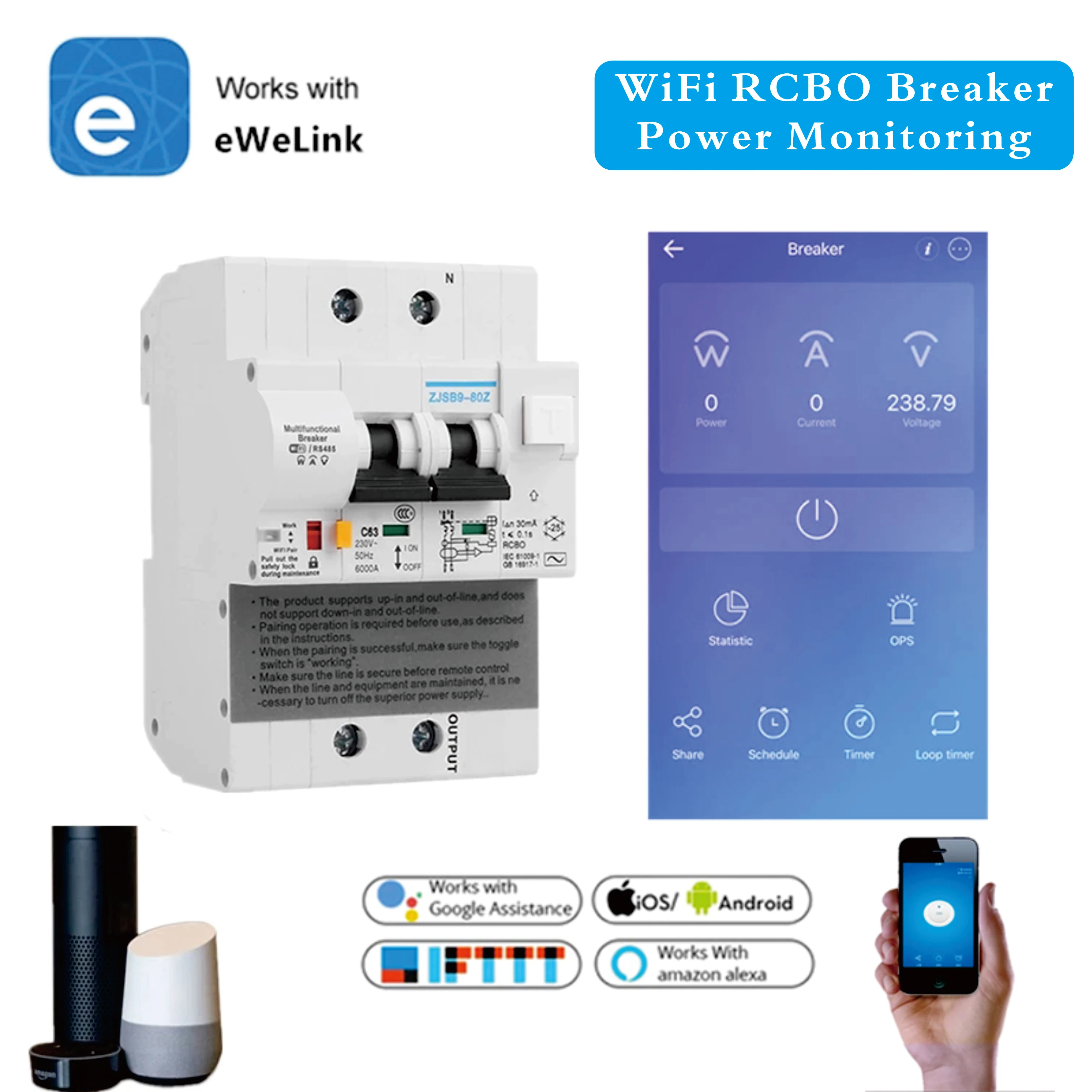 

Smart RCBO Circuit Breaker 2P WiFi MCB eWelink Wireless Control Energy Monitoring Leakage Current Protection Alexa Compatible