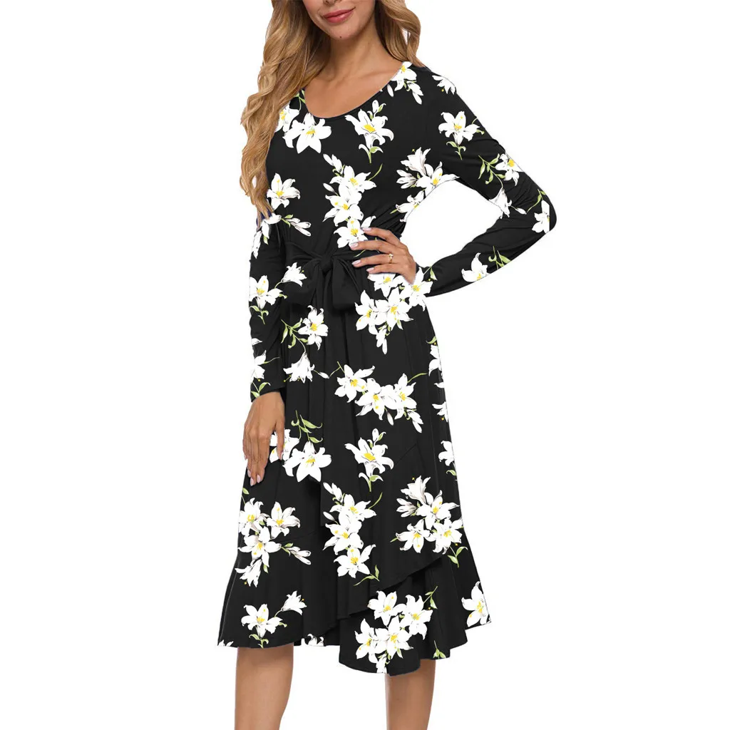 Boho Платье с принтом женское осеннее платье миди ТРАПЕЦИЕВИДНОЕ ПЛАТЬЕ круглым