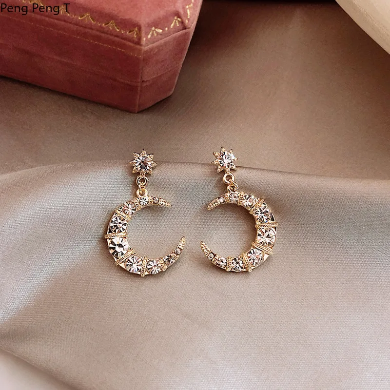 

2021 high sense shiny curved moon Earrings Temperament fashion female net red Earrings
