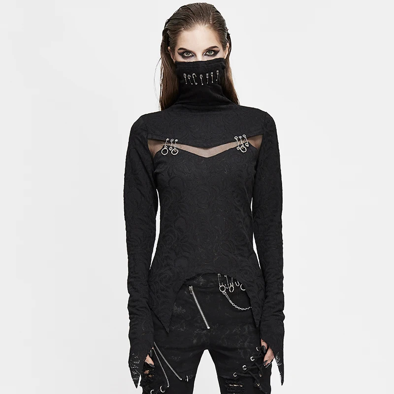 

Steampunk Punk Women High Neck Long Sleeves Women TShirts Hollow Out Tops Irregular Pullover