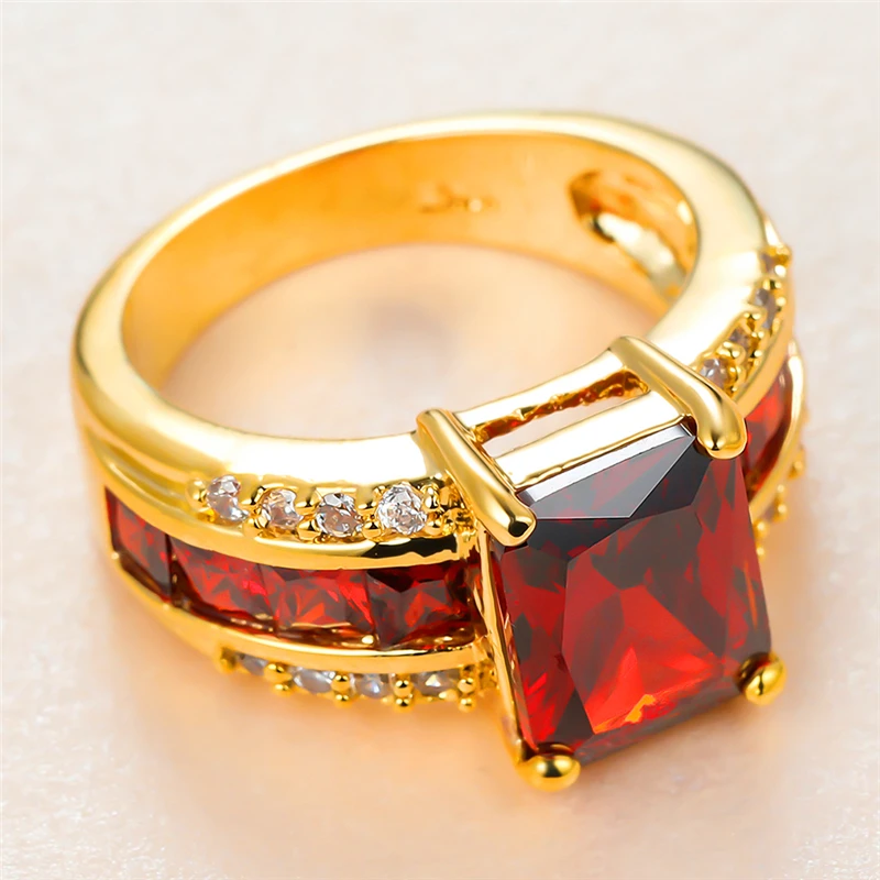 

Luxury Female Red Crystal Stone Ring Charm Gold Color Wedding Rings For Women Promise Square Zircon Engagement Ring