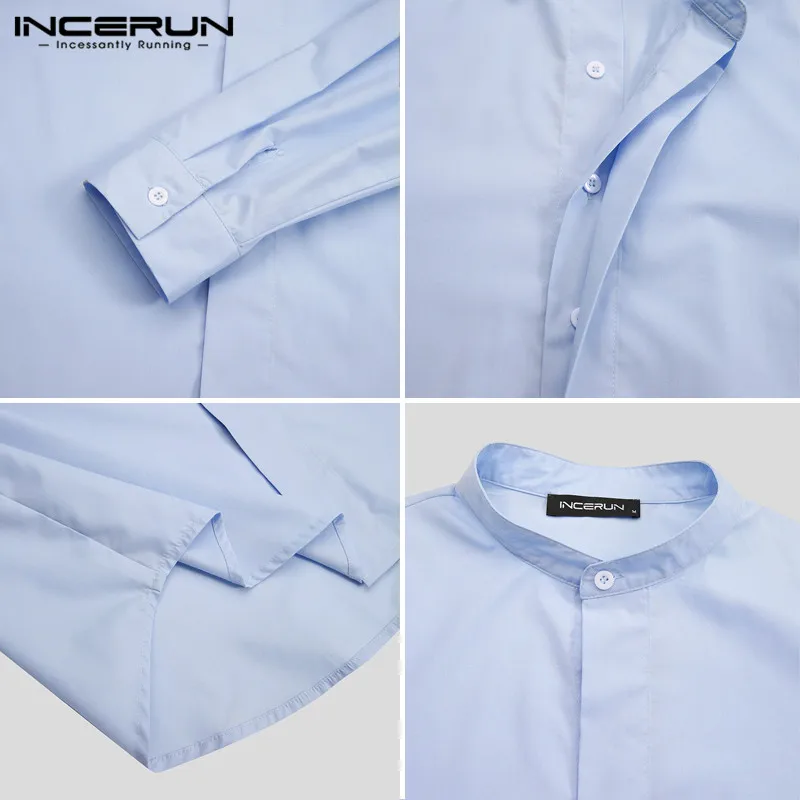 

Leisure Stand Collar Dress Shirt INCERUN Men Solid Color Long Sleeve Shirts Man Breathable Button Blouse Casual Brand Tops S-5XL