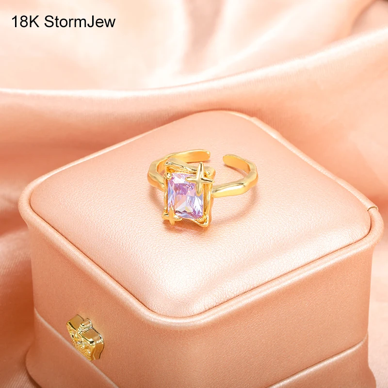 

Purple Rectangle Zircon Rings For Women Stainless Steel Adjustable Open Ring Lilac Crystal Wedding Finger Bands Jewelry Gifts