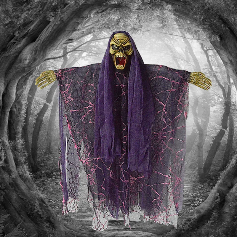 

Scary Halloween Toy Hanging Animated Ghost Indoor Outdoor Decorations Electric Led Red Eyes Scary Voice Control Sound Props 2021