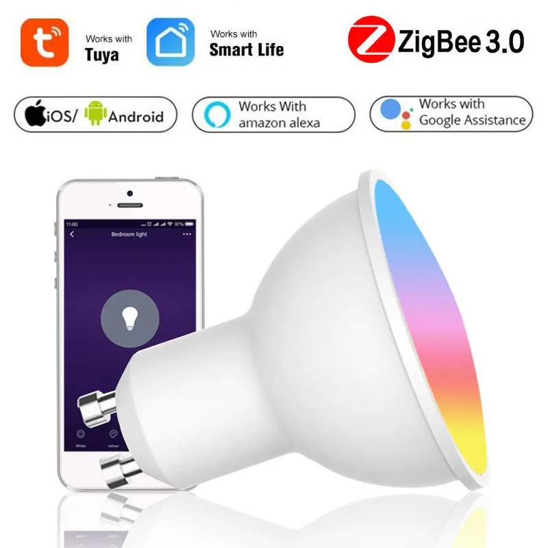 

Рождественский умный Светодиодный точечный светильник Tuya ZigBee, умсветодиодный Светодиодная лампа Gu10 RGB + CW с регулируемой яркостью, с управл...