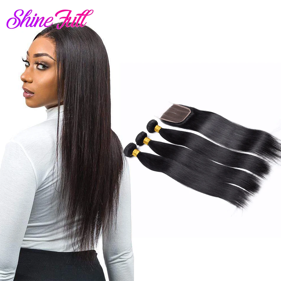 

ShinrFull Brazilian 3 Bundles With One Lace Closure 4X4 Straight Human Hair Weaving Non-Remy Hair Bone Straight Natural Black