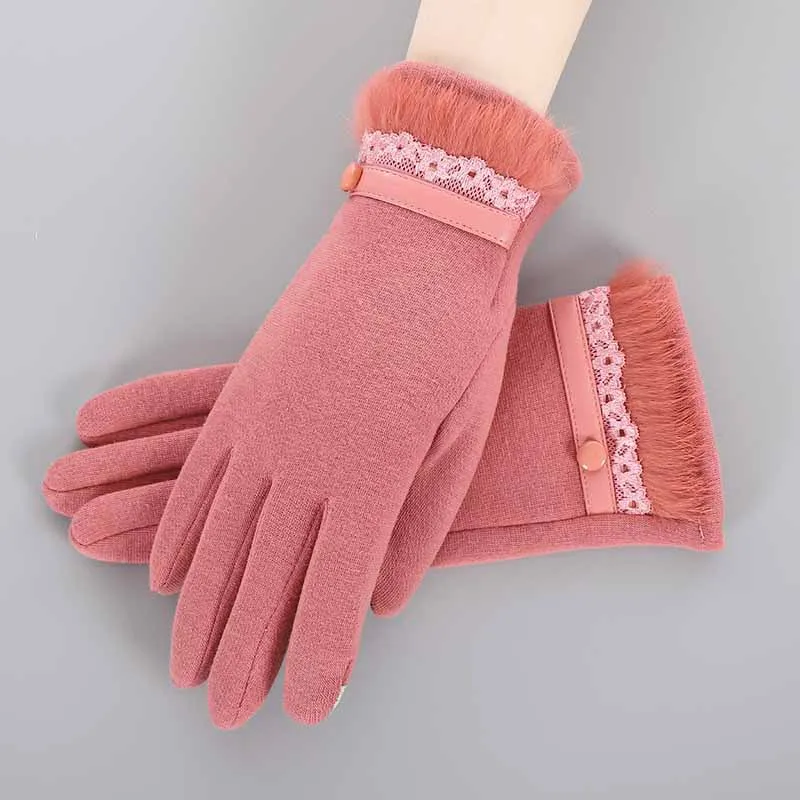 Rabbit Pink--Velvet Зимние женские перчатки, ручные варежки для женщин, шерстяные женские вязаные кашемировые наручные перчатки Luva, перчатки для вождения автомобиля, перчатки для сенсорного экрана - Цвет: Rabbit Pink--Velvet