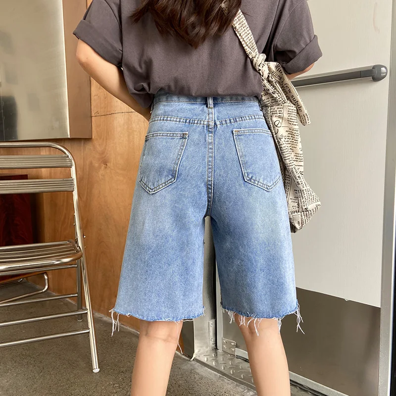 

Ailegogo New Summer Women Streetwear Wide Leg Hole Blue Denim Shorts Retro Female High Waist Loose Tassel Ladies Jeans Shorts