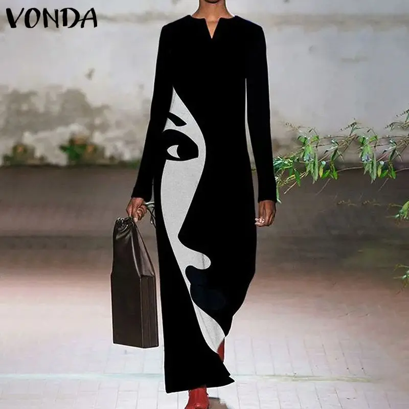 

VONDA Women Dress 2021 Autumn Sexy V Neck Vintage Printed Maxi Long Dresses Black Robe Long Sleeve Bohemian Vestidos Oversized