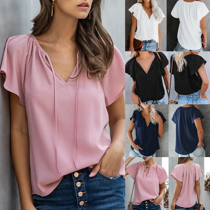 

Summer Casual V Neck Ruffled Shirt Women'S Fashion Lace-Up T-Shirt