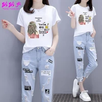 ladies two piece 2021 summer fashion korean short sleeved t shirt ripped nine point jeans two piece woman