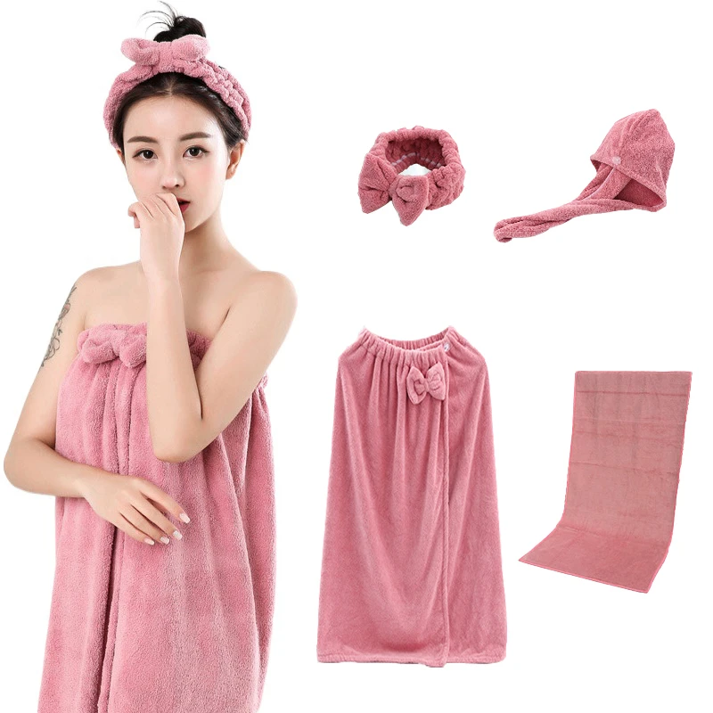 

Bath towel set dry hair cap set hair band towel bath towel coral velvet bath towel water absorption Bath skirt wearable towel