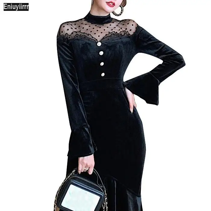 

Женские 2021 на новый год; Сезон зима-весна; В стиле пэчворк пикантные прозрачные сетчатые французский Черный Длинные элегантные вечерние вел...