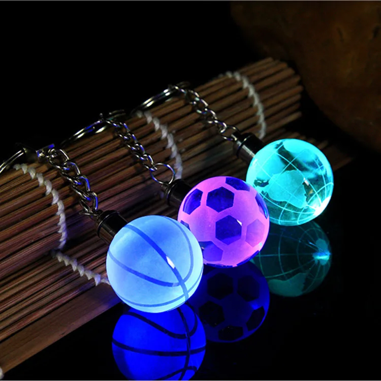 

New Crystal Led Light Keychain Car Key Chain Key Ring Football Basketball Earth Ball Pendant Keyring For Favorite Sportsman Gift