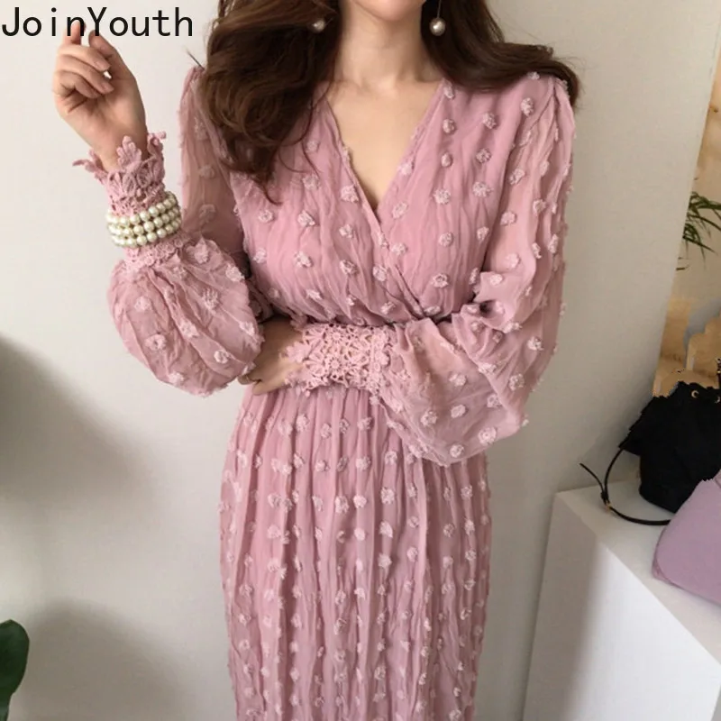Joinyouth корейское шикарное розовое длинное платье с кружевом в стиле пэчворк