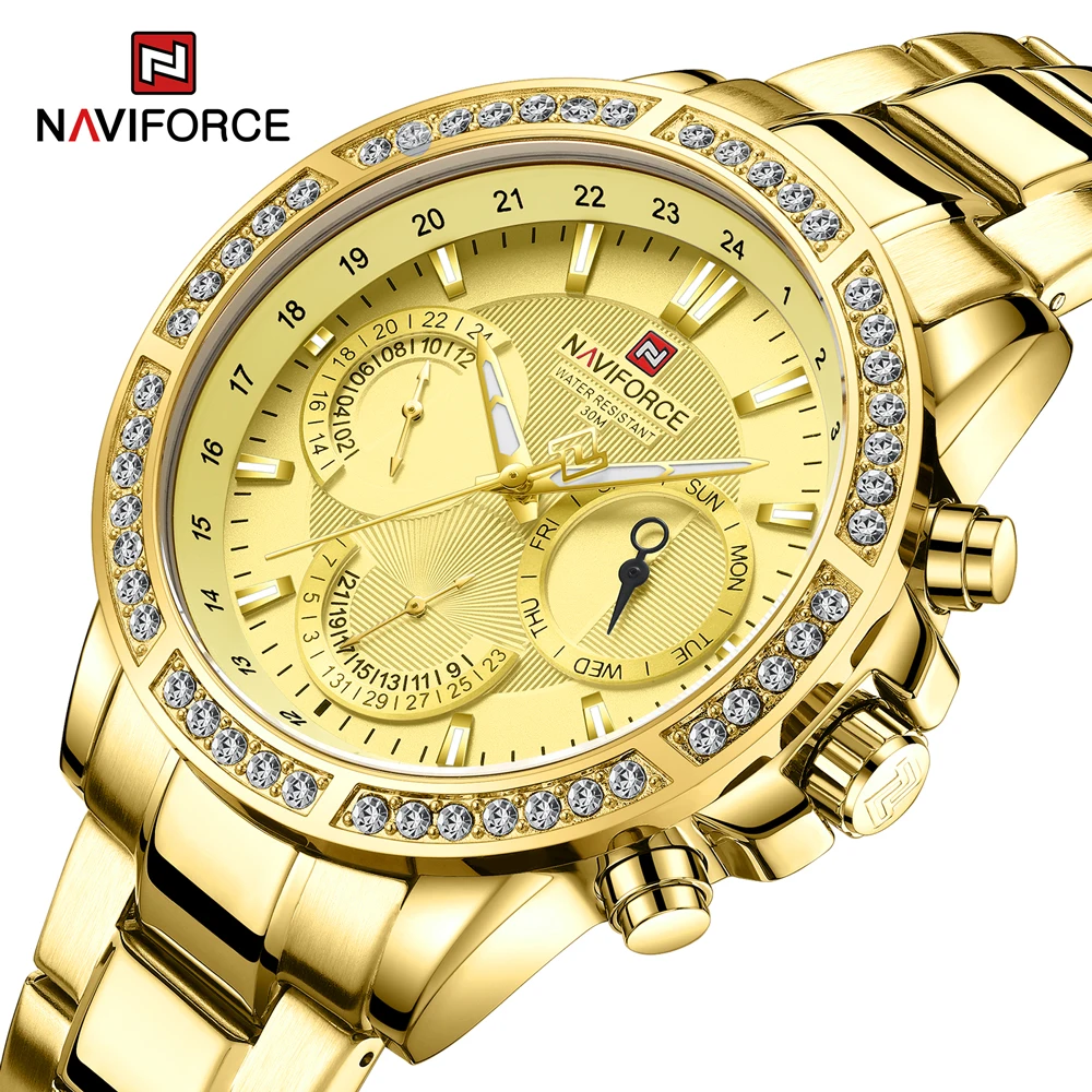 

Мужские часы s NAVIFORCE Топ Бренд роскошные золотые часы Аналоговые кварцевые наручные часы из нержавеющей стали для мужчин Календарь Неделя д...
