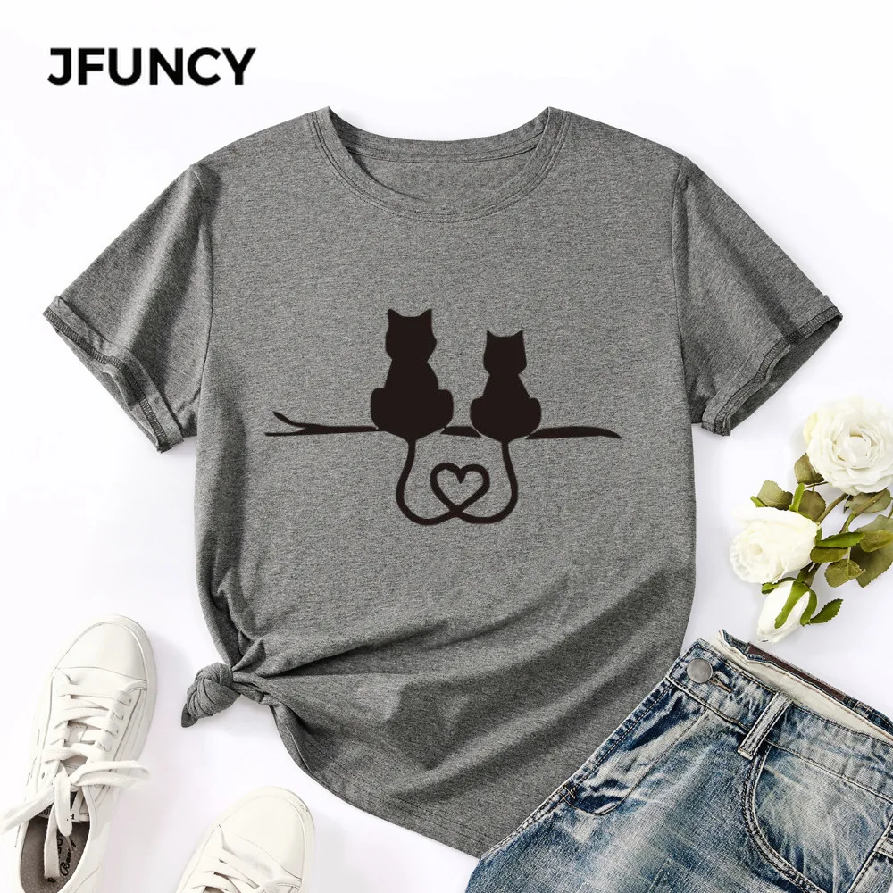 

JFUNCY Oversized Women T-shirt Summer Cotton T Shirts Female Tshirt Cats Print Lady Graphic Tees Tops Casual Woman Clothes