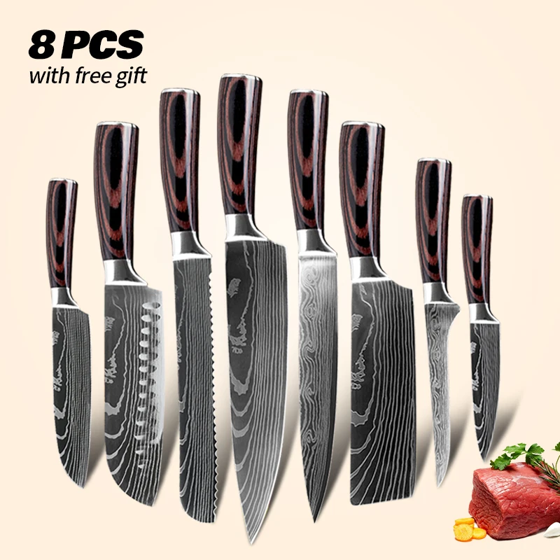 8PCS Kitchen Knife Set Damascus Laser Pattern 440C Stainless Steel Japanese Chef Meat Slice Cleaver Boning Fruit Bread Knives