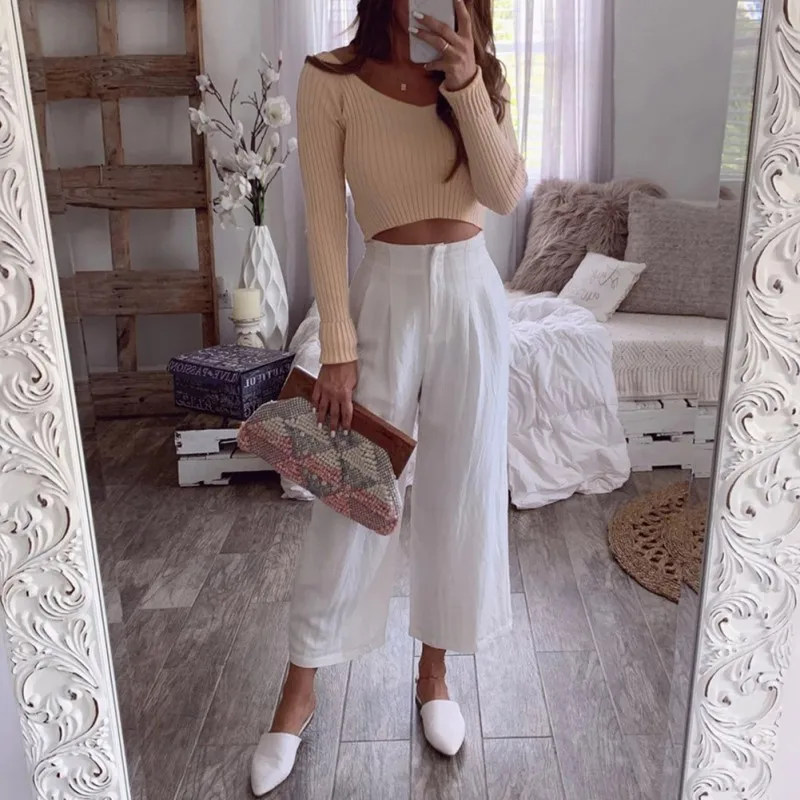

utumn Winter Women ASolid Color Slim Long-Sleeved Cropped Navel V Collar Slim Bottom Knit Sweater