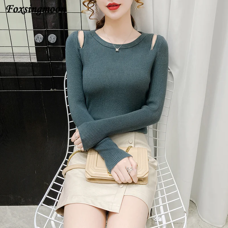 

Women Round Neck Sweaters Autumn Winter Korean Slim Pullover Women Zipper Strapless Tops Casual Knit Sweater Soft Warm Jumper