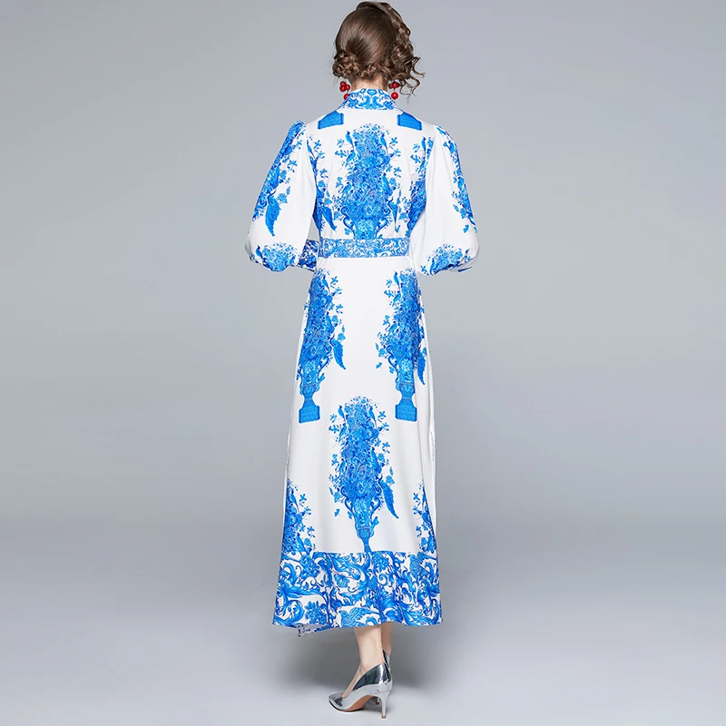 

Summer Women Turn Down Collar Vintage Maxi Dress Blue and White Porcelain Printing Dresses Casual Elegant Long Dresses Vestidos