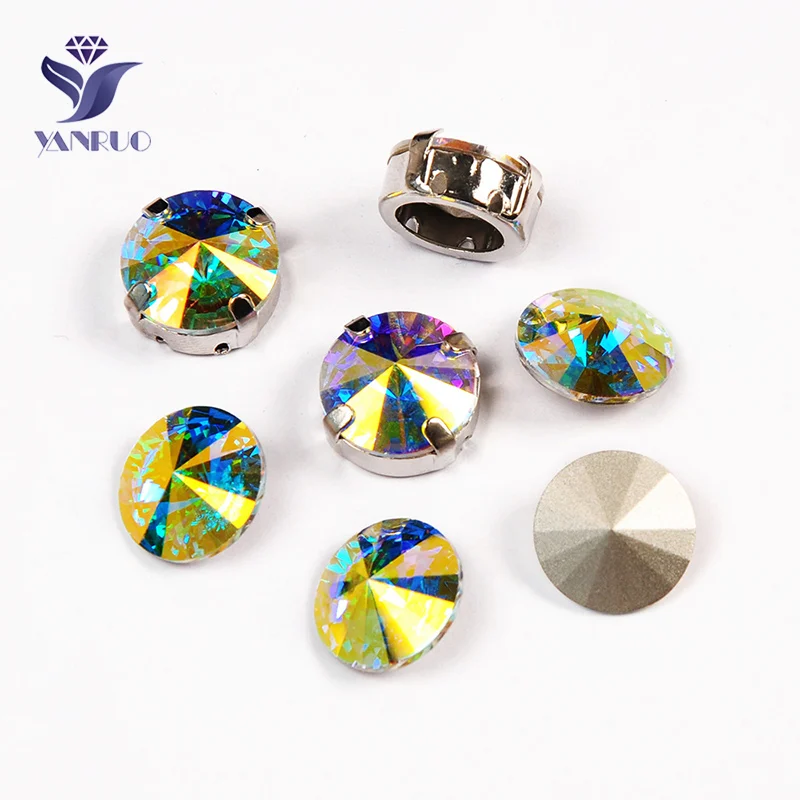 YANRUO 1122 Rivoli Bling AB круглые стеклянные кристаллы пришитые Стразы с металлическими