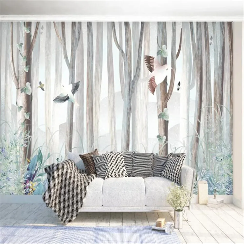 

Milofi moderne minimalistiske skogstrær dyr blomster bakgrunnsmaleri