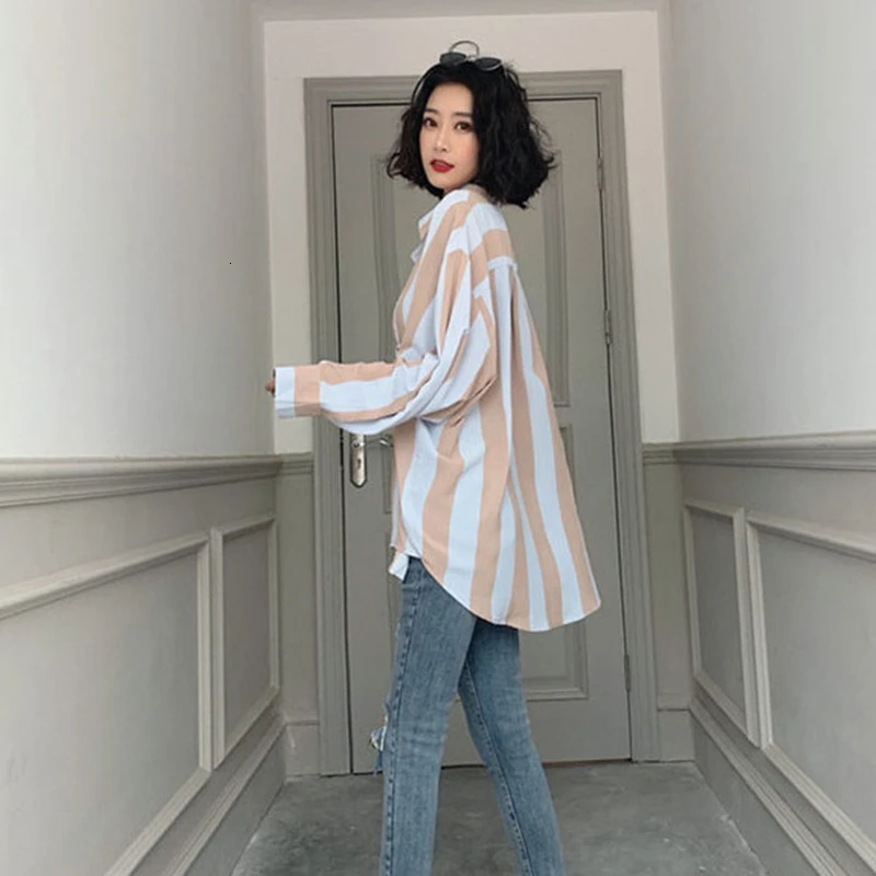 GALCAUR Korean Striped Hit Color Women's Shirt Lapel Collar Long Sleeve Large Size Loose Female Blouses 2020 Autumn Fashion New |
