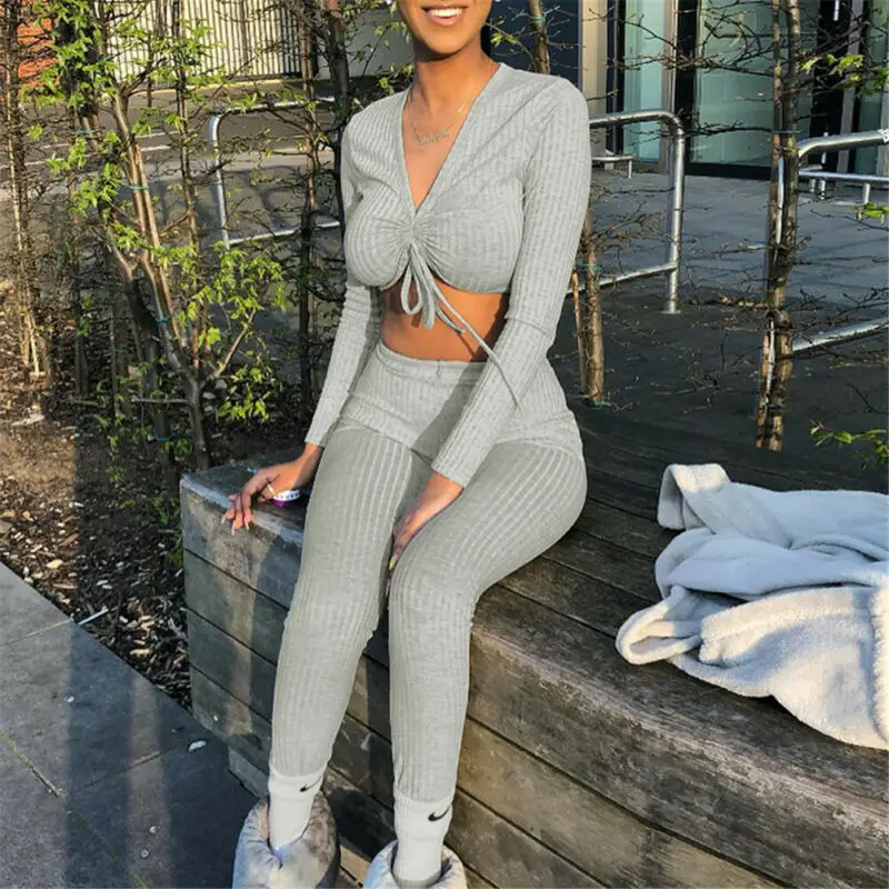

Tank Top And Stacked Pants 2 Piece Set Women Casual Sportswear Long Sleeve Tracksuits Fashion Workout Grey Matching Sets