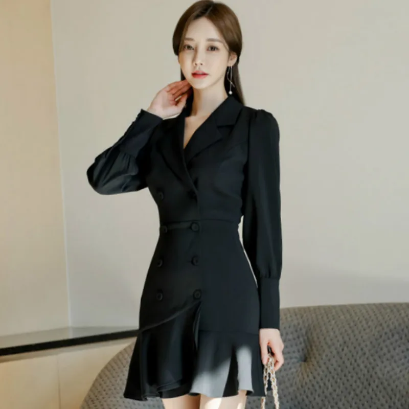 

2020 Korea Slim Notched Double Breasted Ruffles Mini Bodycon Vestidos Fishtail Solid Sexy Office Female Dresses