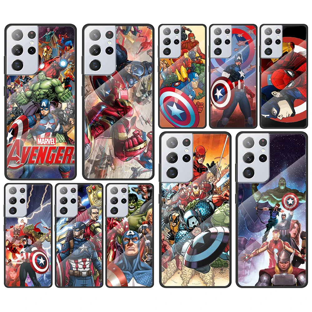 

Marvel Avengers for Samsung Galaxy S21 Ultra Plus A72 A52 4G 5G M51 M31 M21 Luxury Tempered Glass Phone Case Cover