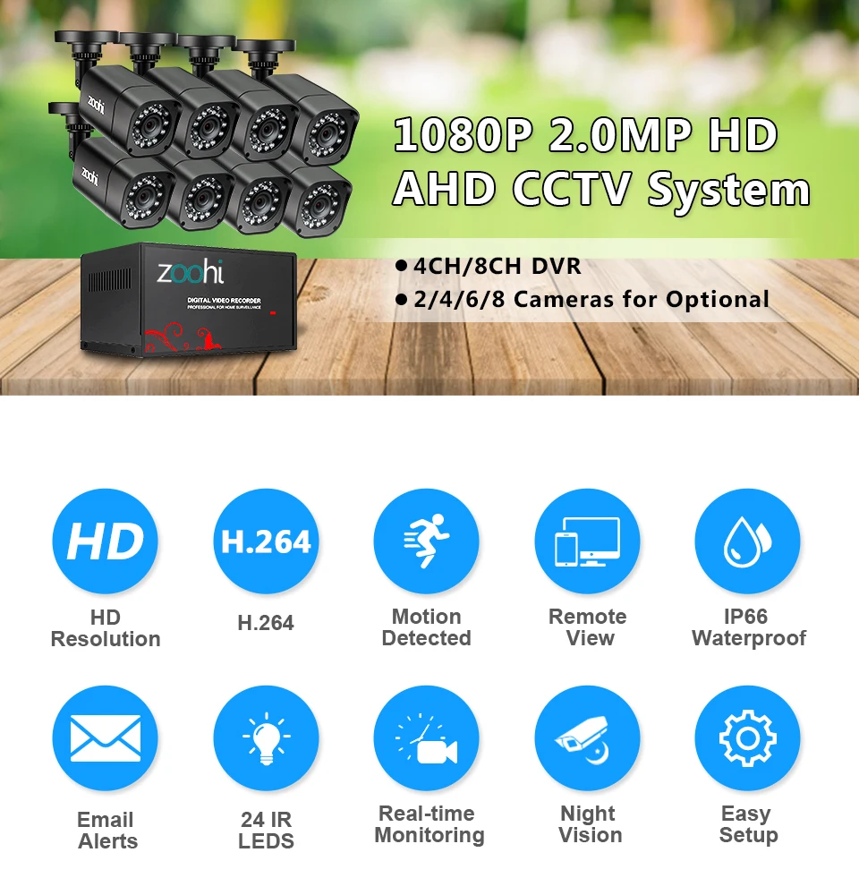 Zoohi AHD наружная система видеонаблюдения 1080P камера безопасности DVR комплект CCTV Водонепроницаемая домашняя система видеонаблюдения HDD P2P HDMI