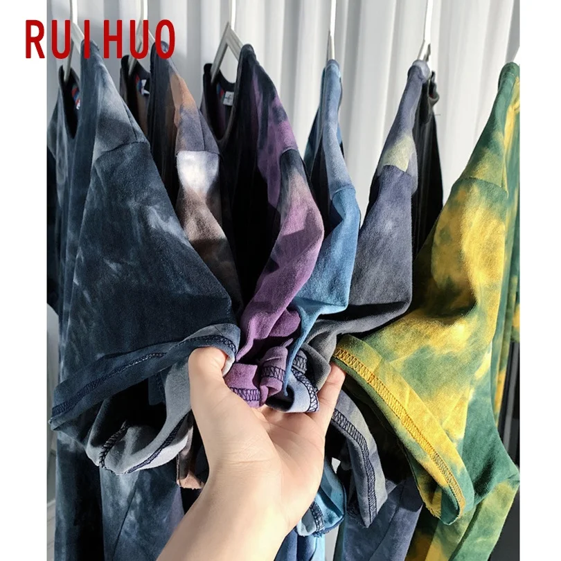 RUIHUO 2022 New Tie-Dye Short Sleeve T Shirt Men tshirt Male Summer Cotton Tee Casual Tops Fashion M-5XL Funny Clothing | Мужская одежда