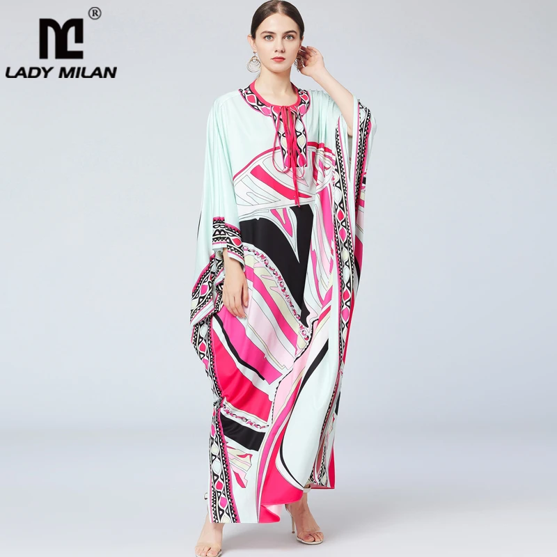 

Женское подиумное свободное осеннее платье на шнуровке с рукавами «летучая мышь» с разноцветным принтом, Элегантное Длинное Платье с разре...