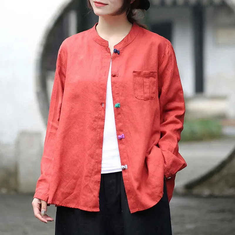 

Women Cotton Linen Casual Shirts New 2021 Spring Arts Style Vintage Stand Collar Solid Color Loose Female Long Sleeve Tops S3651