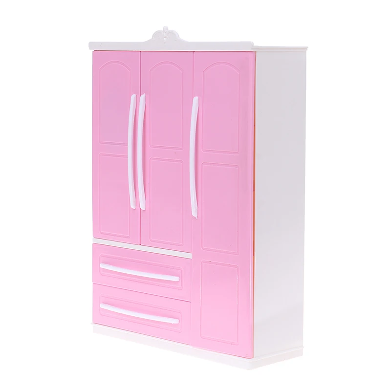 

Three-door Pink Modern Wardrobe For Dolls Furniture Clothes Accessories Toys