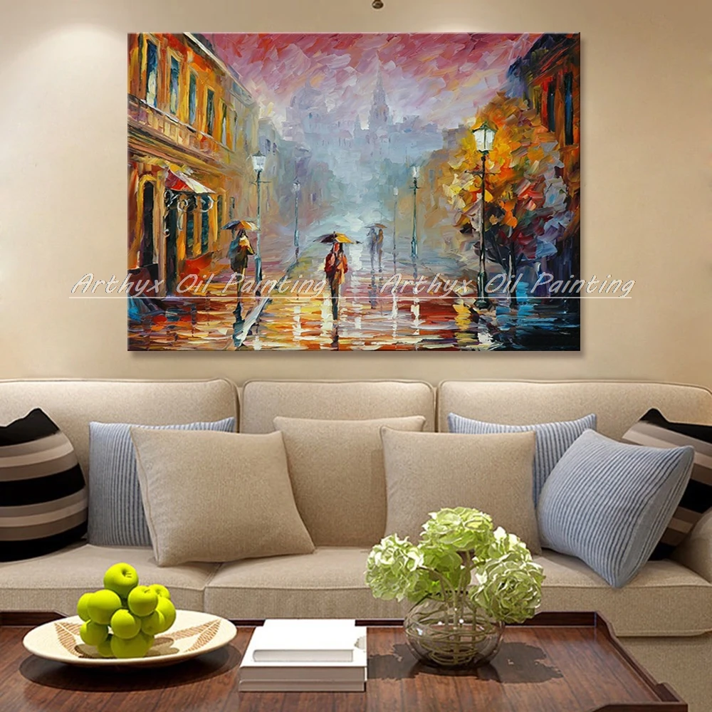 

No Frame Handpainted Modern Abstract Palette Knife Oil Painting On Canvas Street Scene In The Rain Paintings For Wall Decoration