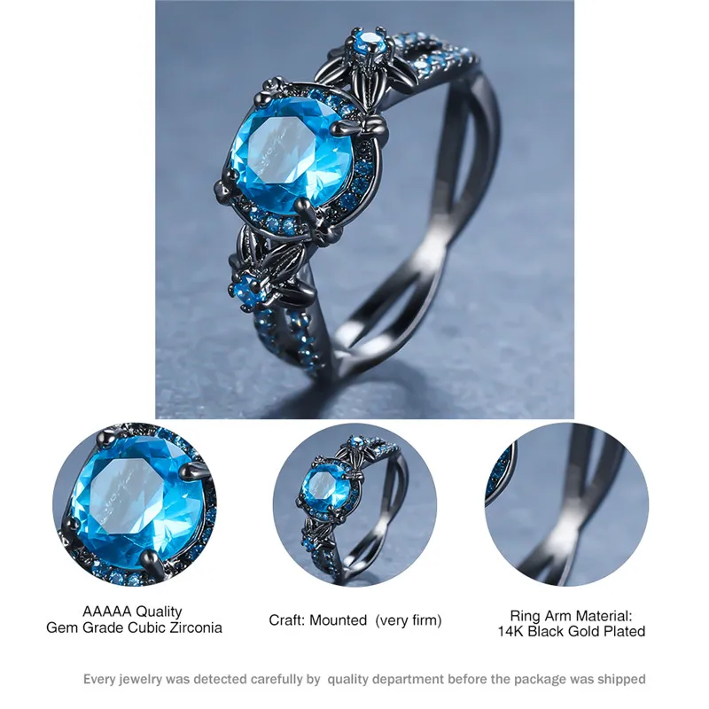 

Charm Female Male Blue Round Zircon Ring Dainty 14KT Black Gold Engagement Rings For Women Punk Hollow Flower Wedding Band Ring