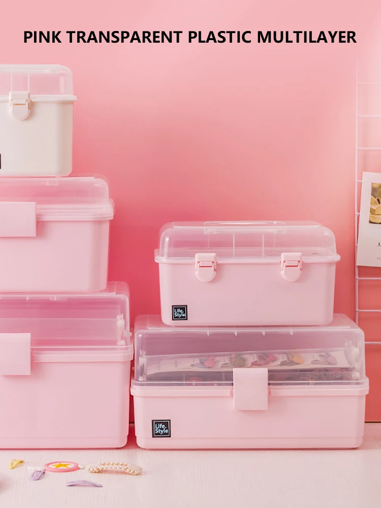 

Children Hair Accessories Box Cute Pink Desktop Hairpin Head Rope Jewelry Three-layer Storage Box for Girls Gift