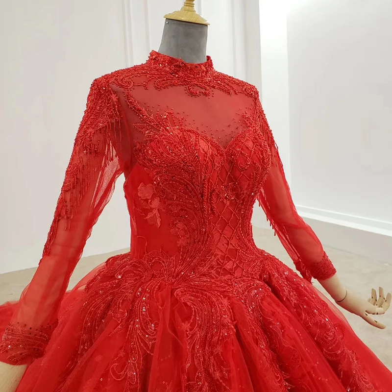 BGW 2186ht Red Evening Dress Long High Neck Long Sleeves Beading Sequin Ball Gown Muslim Evening Dress Vestidos De Finalista