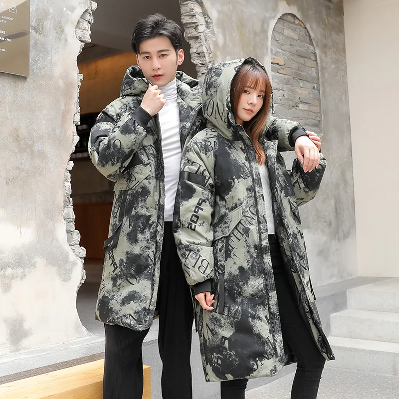 

Камуфляжная куртка на белом утином пуху для мужчин и женщин, модная куртка средней длины, стильная зимняя Толстая куртка для влюбленных