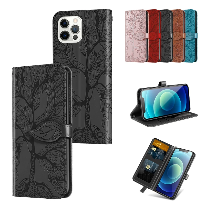 

Solid Color Embossing Wallet Card Slot Phone Leather Cases For iPhone 13 Pro Max Mini Magnetic Bracket Shockproof Protect Cover
