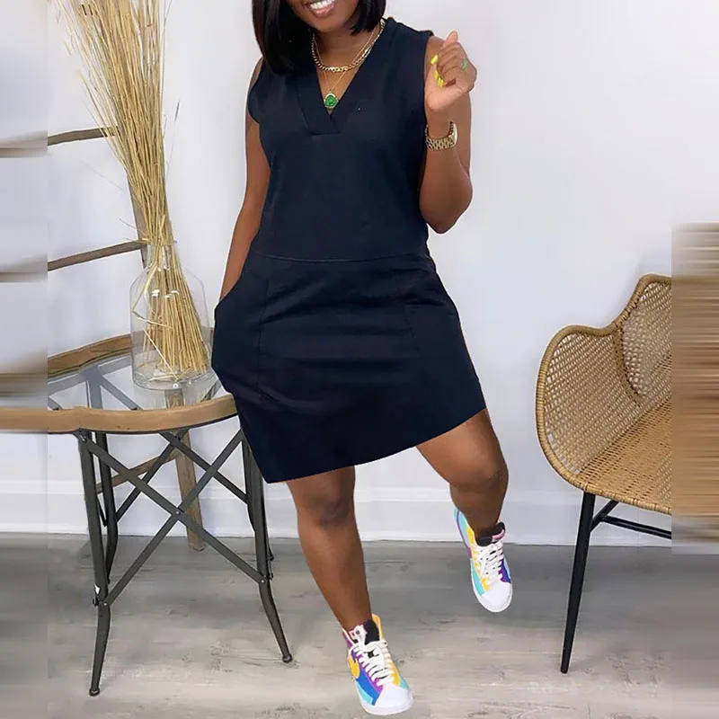 

Women Fashion Casual Loose Fit Mini Dress Female Casual Short Dresses Solid V nekc Pocket Design Dresses