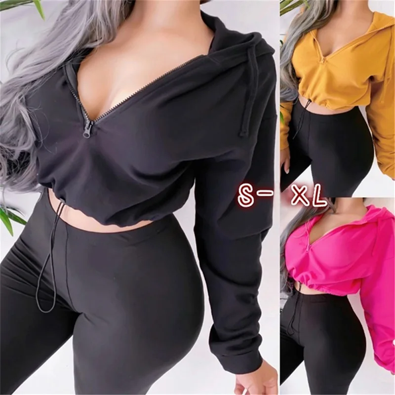

Women Slim Long Sleeve Sweatshirt Fashion Half Zipper Sexy V-Neck Hooded Pullover Solid Color Autumn Drawstring Hooded Top
