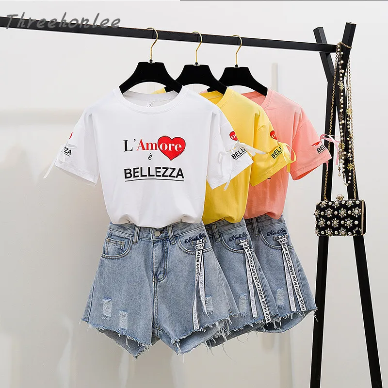 

2021 Summer 2 Pieces Set For Women Fashion Casual Sweet Small Short Sleeve T-shirt And Denim Shorts Age Reducing Two-piece Suit