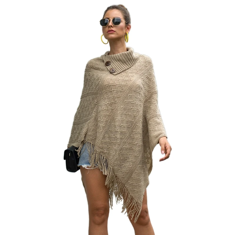 

Women Lapel Buttons Poncho Cape Solid Color Knitted Diamond Plaid Shawl Scarf Fringe Tassels Pullover Batwing Sweater