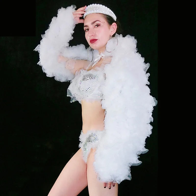 Nightclub DJ Dancer White Rhinestones Bikini Shawl Set Bar Party Stage Outfit Sexy Women Singer Dance Performance Costume DT2310 |