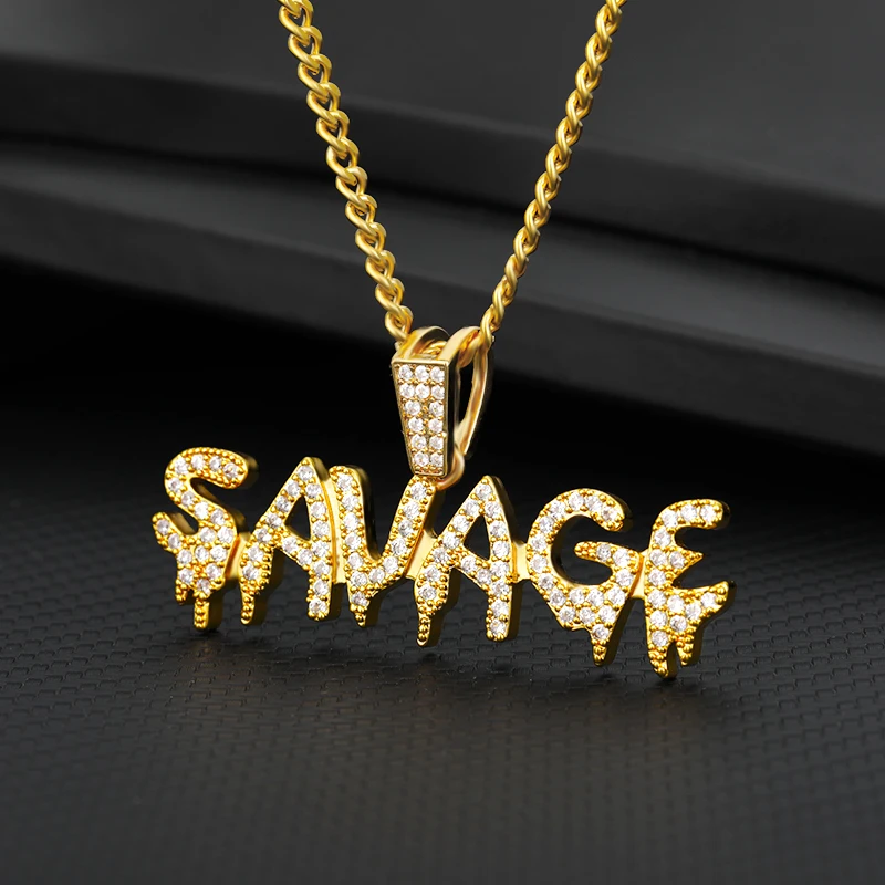 

Hip Hop Bling Iced Out Link Chain Pendant Necklace Gold Color Letter Savage AAA Cubic Zircon Men's Choker Punk Jewelry Gift BFF